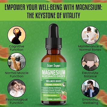 Magnesium Glycinate Liquid 60ml - Watermelon Flavour | Supa Supps Magnesium Glycinate 3-in-1 Complex | Fast Absorption | Premium Pure Formula, Easy-to-Take Supplement for Daily Balance- 1 Month Supply