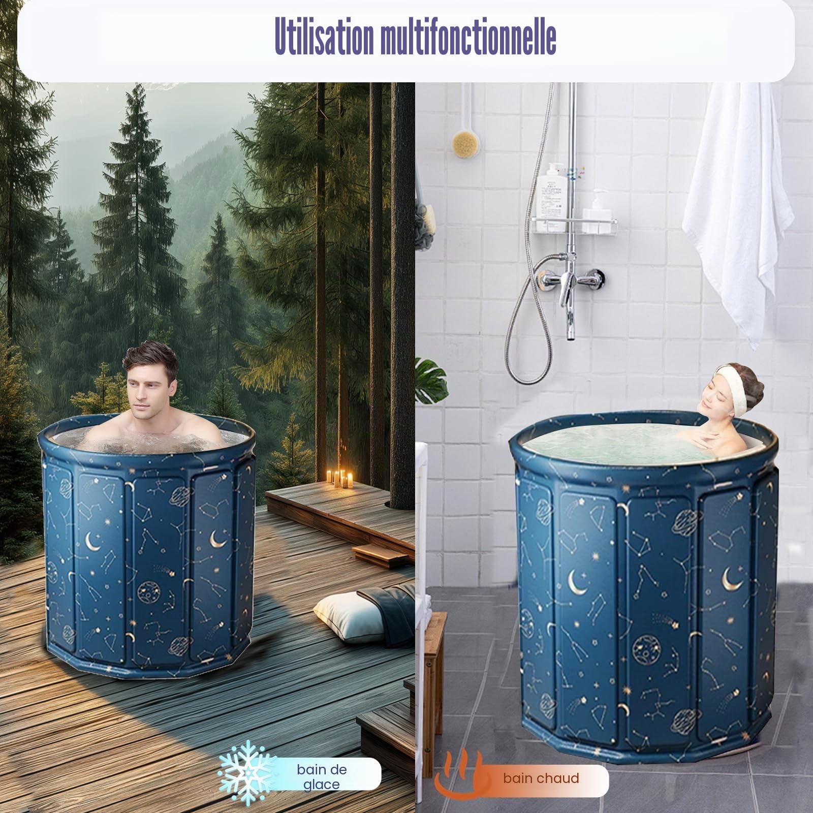 Baignoire de trempage pliable 80 x 65 cm pour adultes, avec coussin d'assise, tuyau d'évacuation et sac de rangement, parois isolées pour la conservation de la chaleur, double trous de drainage, peu
