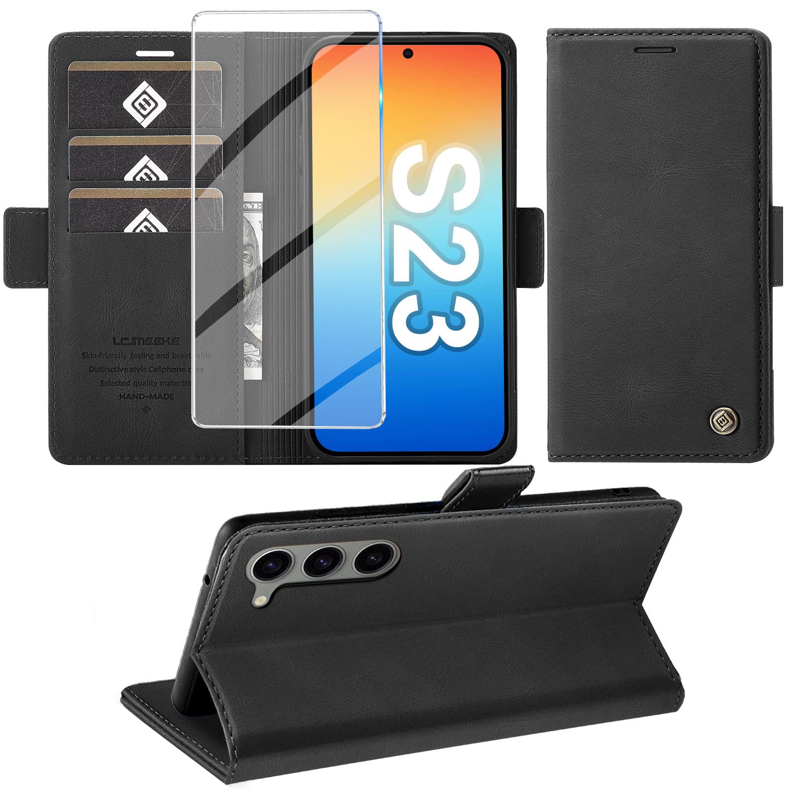 Giyer Cover per Samsung Galaxy S23 Custodia con Vetro Temperato, Premium PU Portafoglio Slot per Scheda RFID Antifurto Funzione Supporto Flip Case, Antiurto per Samsung S23 5G Cover (Nero)