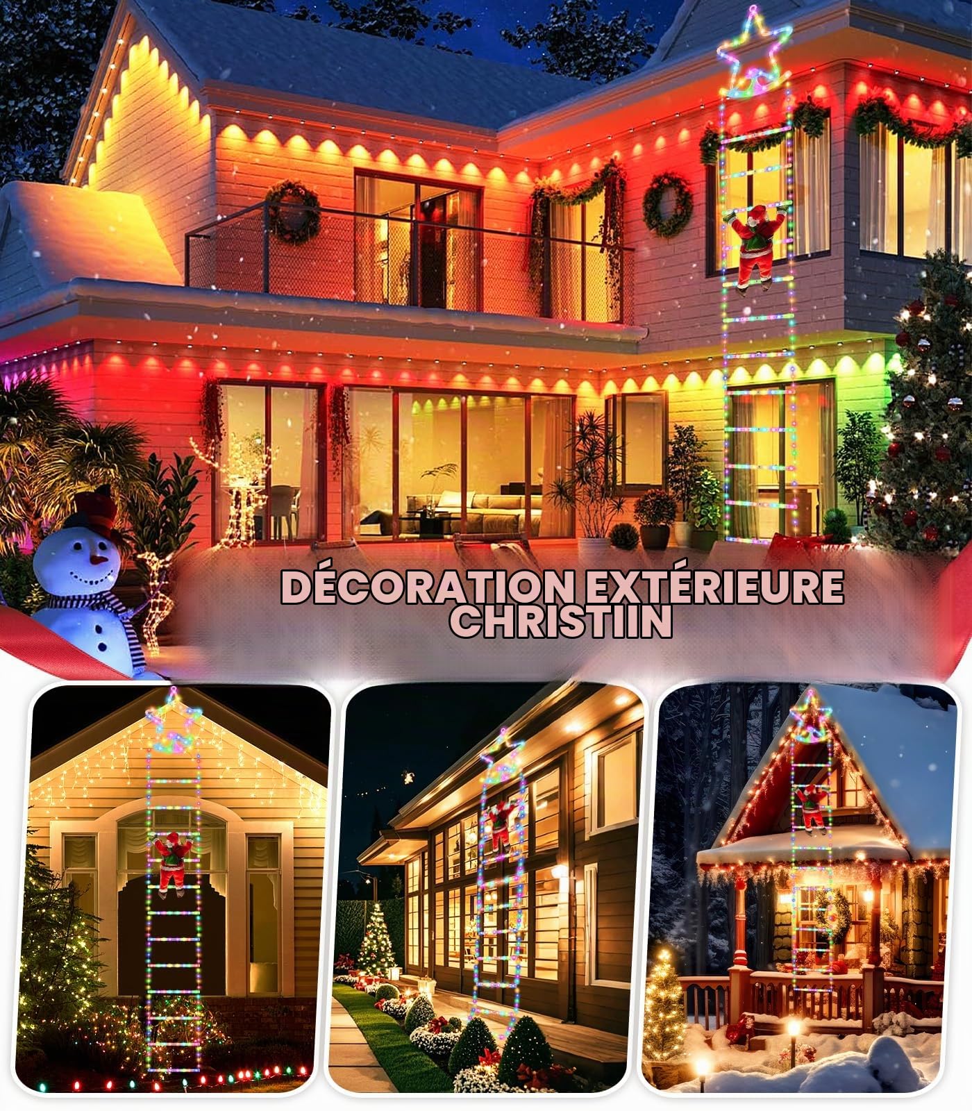 Guirlande Lumineuse Échelle Père Noël, 3 m LED Rideau Lumineux Decoration Noel Etoile Guirlande Lumineuse USB, 8 Modes Christmas Lights avec Père Noël Minuterie Étanche pour Exterieur Interieur