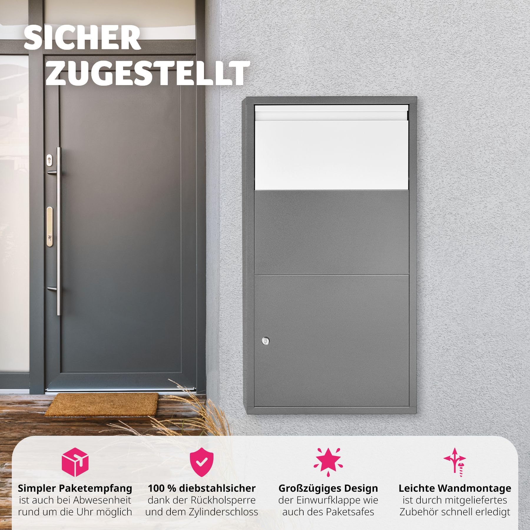 tectake® Paketbox, Briefkasten groß, Postkasten mit Schloss, 44 x 22 x 82 cm, mit Rückholsperre, Briefkasten XXL für Paket und Brief, massiv, Wandmontage, ermöglicht kontaktlose Zustellung