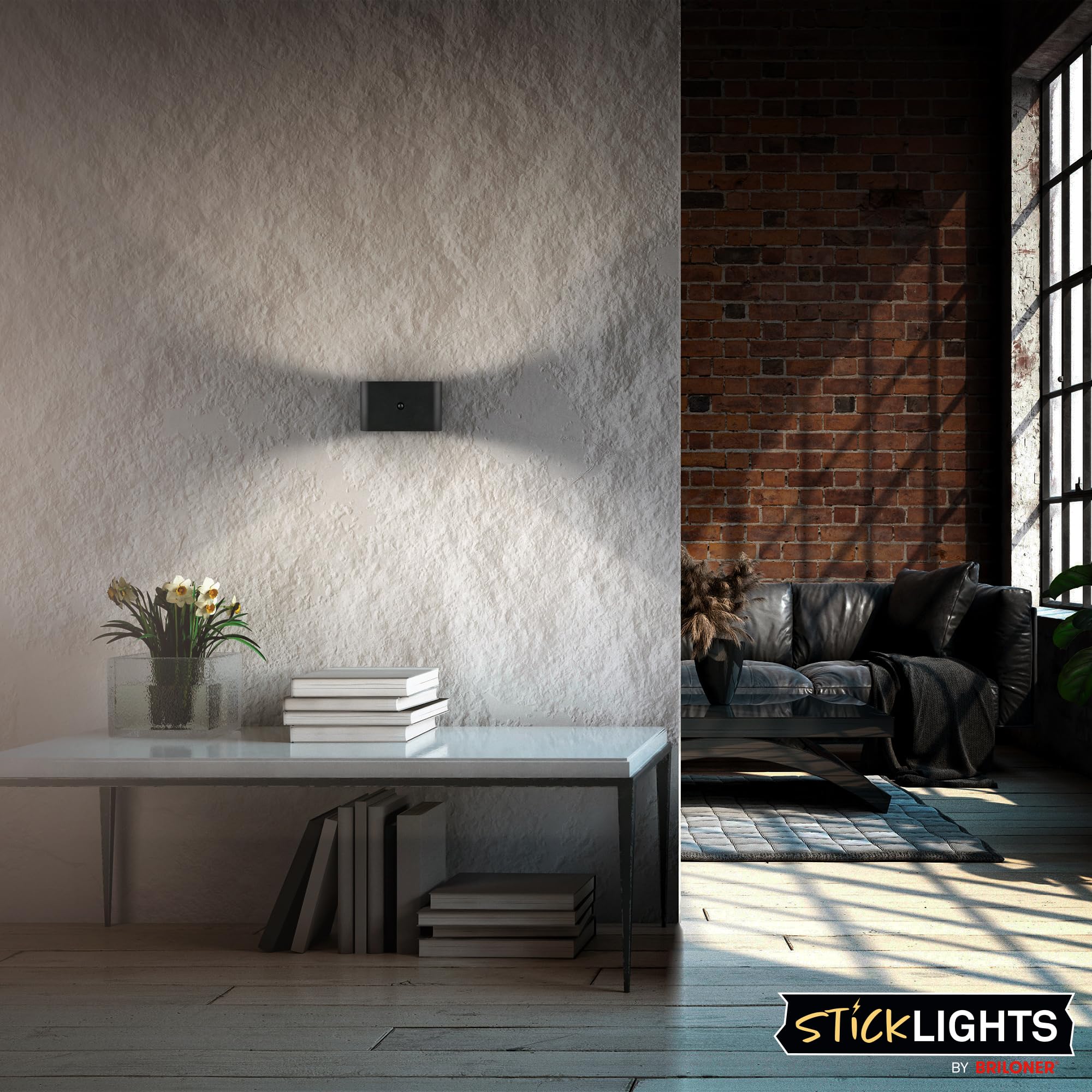 BRILONER Sticklights - Aplique pared sin cable con sensor de movimiento, batería recargable, lampara magnetica, aplique recargable, 16x9,5x6,5 cm, negro