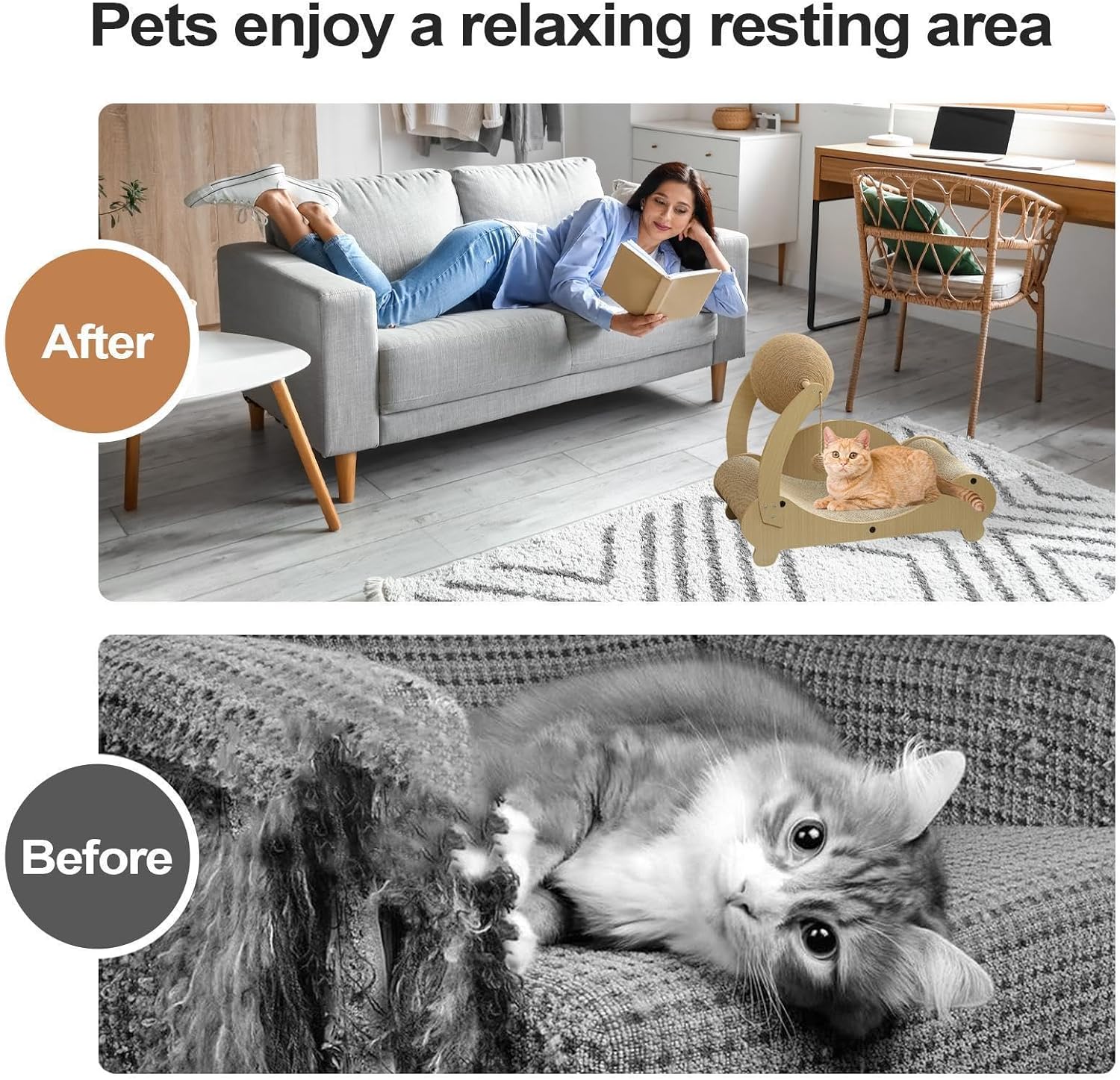 Cat Scratching Bed - Pet Chair with Interactive Ball, Durable Scratch Lounger Sofa, Kitten Rest Play Furniture | Indoor Home Use for Small Medium Playing Sleeping Relaxing Indoor Home Furniture
