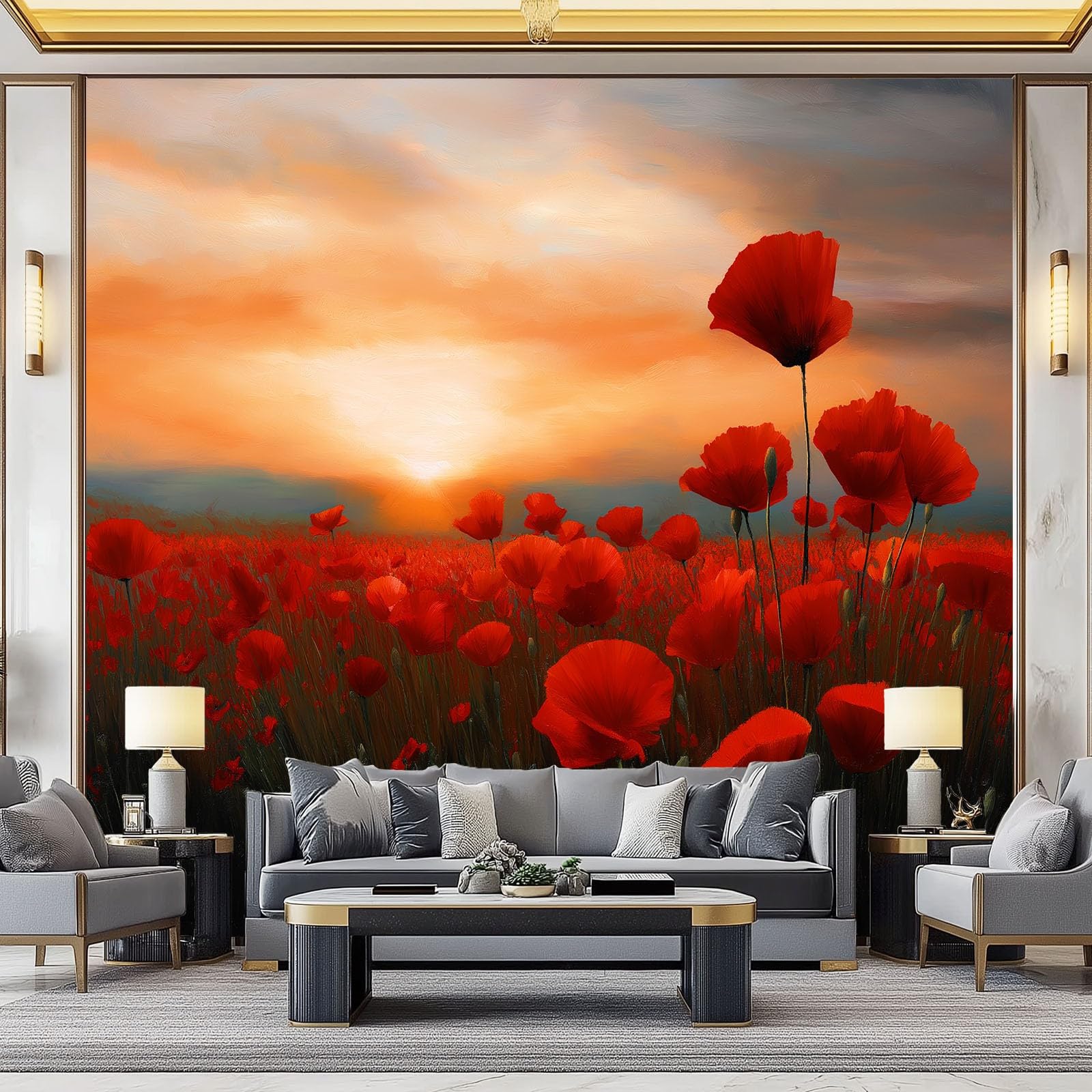 Mohnfeld tapeta z motywem zachodu słońca, czerwona, tapeta z włókniny, 350 x 256 cm, tapeta z motywem, plakat do sypialni, salonu, korytarza, panorama, obrazy dekoracyjne
