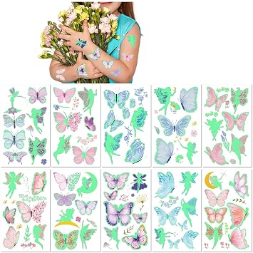 10 Sheets Glow in The Dark Butterfly Temporary Tattoos for Kids Fairy Cartoon Fluorescent Party Body Stickers Safe Waterproof Fake Tattoo