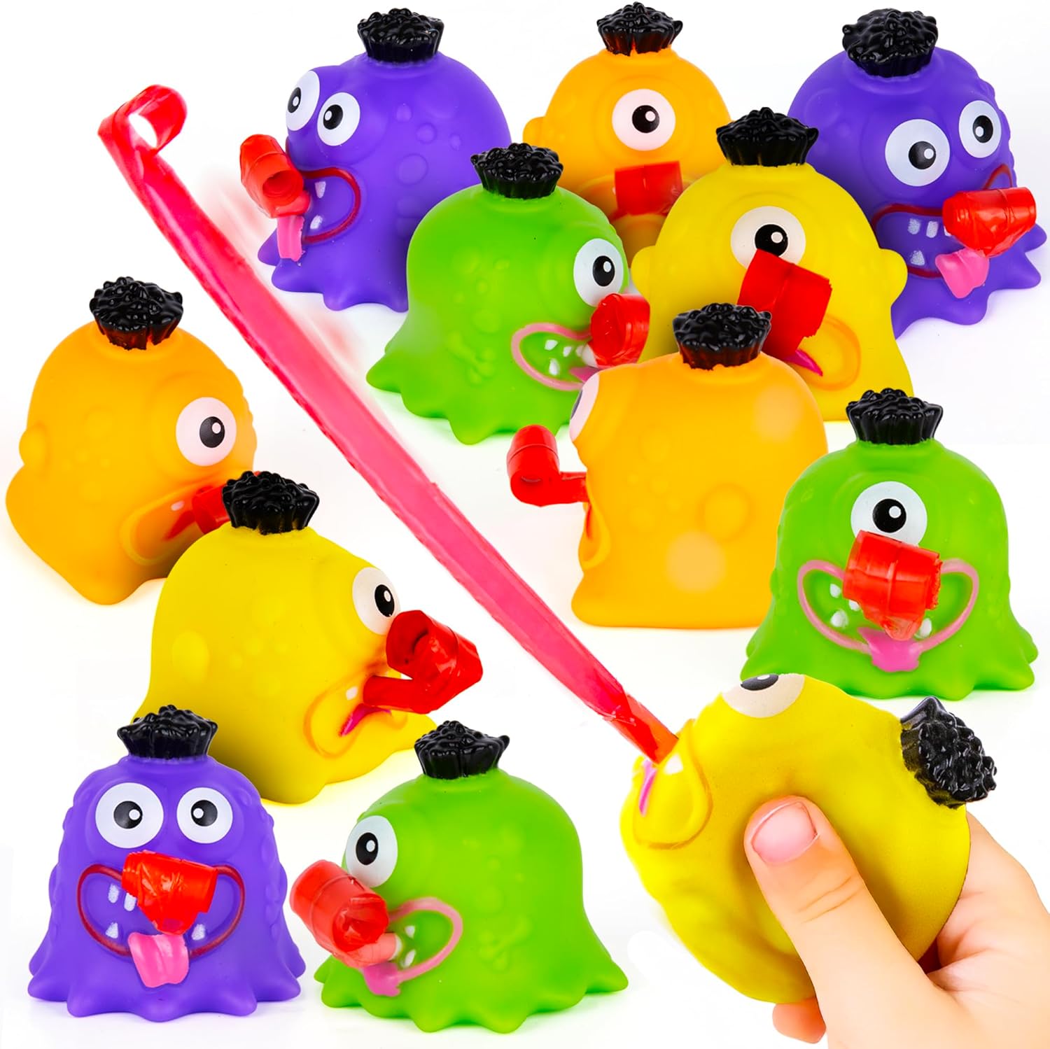 ArtCreativity Monster Tongue Out Squeeze Toys - Set of 12 - Cute Monster Stress Relief Toys with Pop Out Tongues and Squeaking Sound - 4 Vibrant Colors - Fidget Toys for Kids - Monster Party Favors