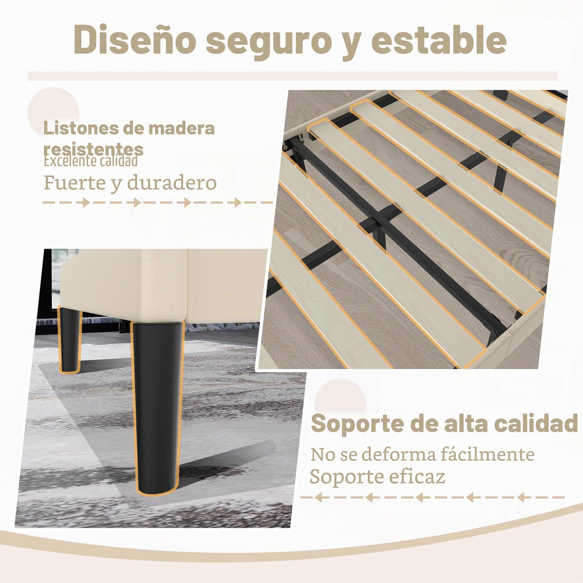 Froadp Cama tapizada de 90 x 200 cm – Marco de cama doble con soporte de listones de madera de piel sintética, cabecero tapizado con botones, marco de cama para dormitorio, diseño moderno (beige)