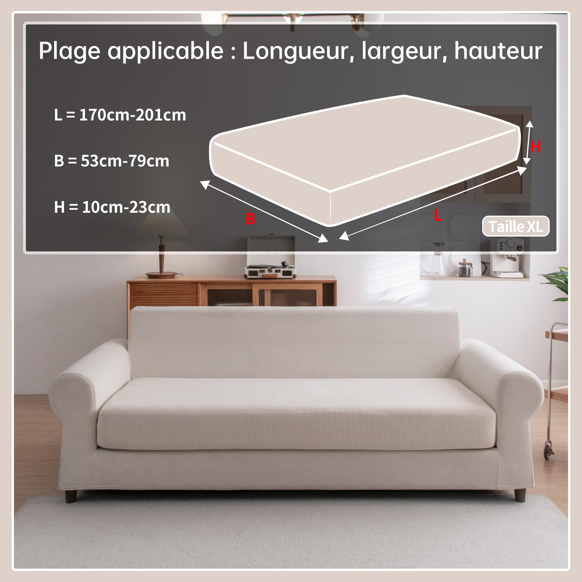 OHSIO Housse de Coussin de canapé Extensible, antidérapante, Lavable, Universelle, résistante et Facile d'entretien(Ivoire,1 Housse d’Assise Taille XL)