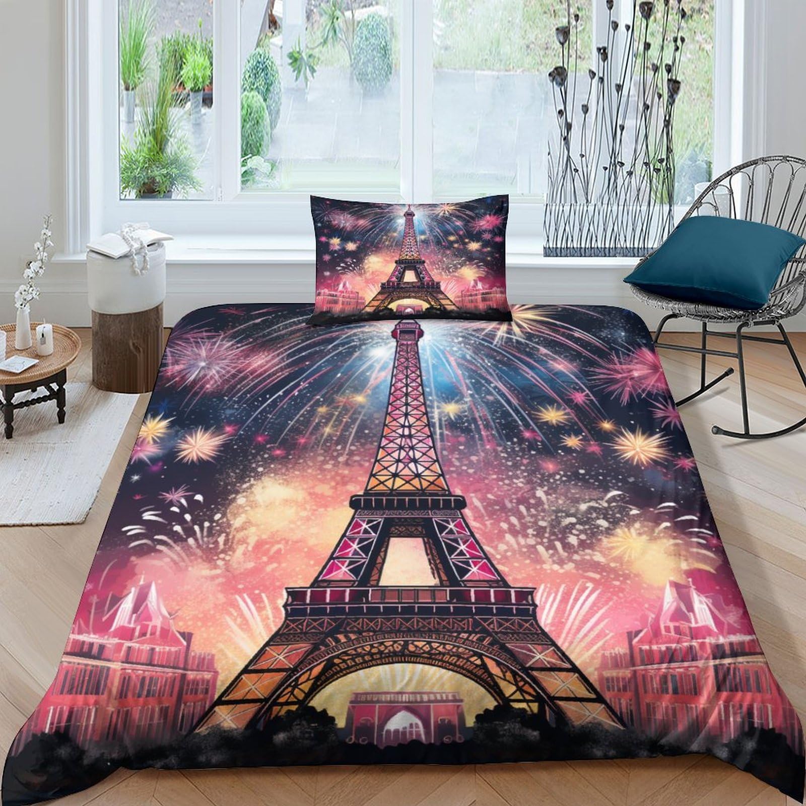 Funda nórdica de Torre Eiffel reversible 135x200cm con fuegos artificiales y fundas de almohada