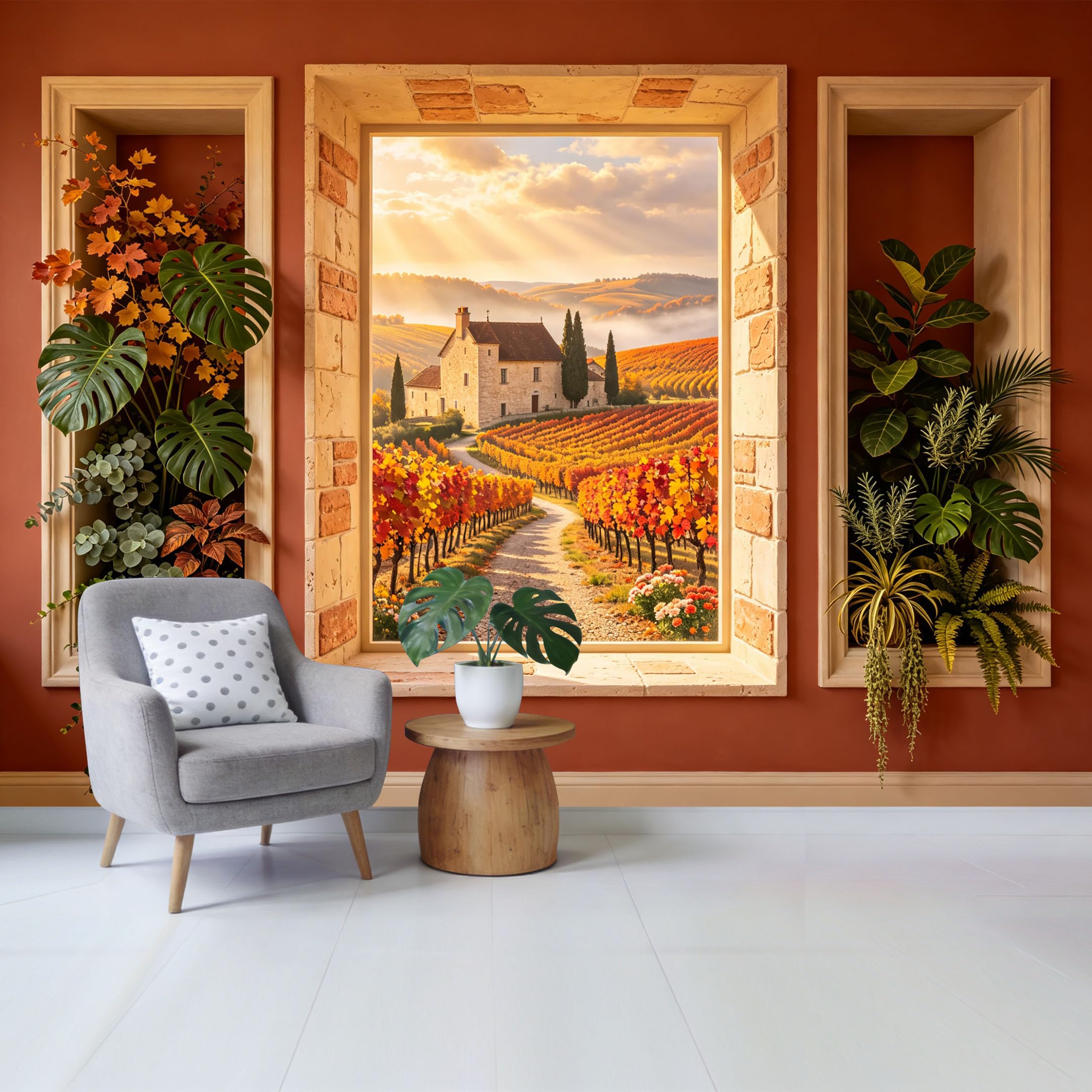 Removable Self Adhesive Fabric Mural， Tuscan Vineyard Landscape Custom Size Wall Covering， UV Protected Waterproof Washable Wall Decor for Living Room Bedroom Bathroom