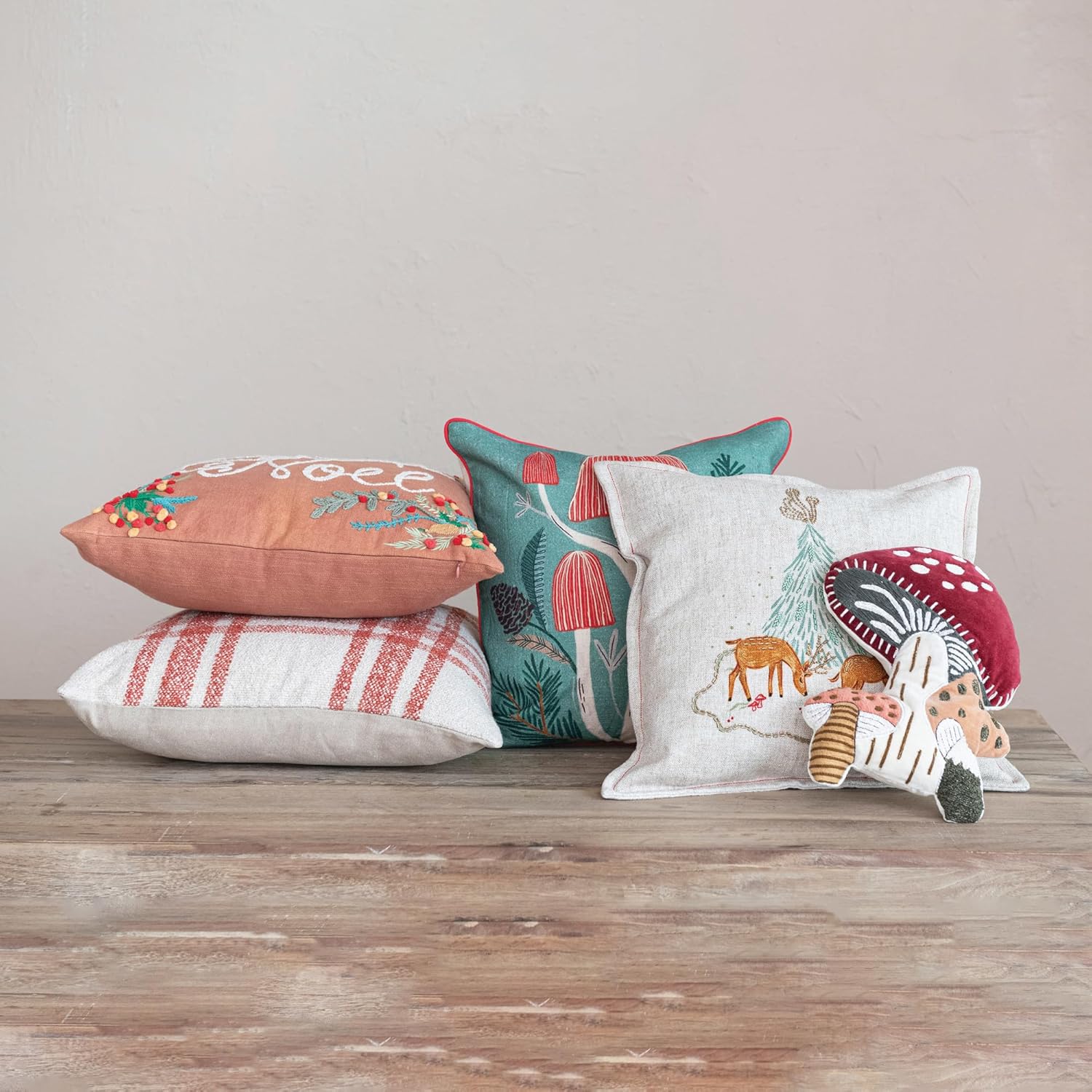 Creative Co-Op, Multicolor Square Cotton Pillow with Embroidered Botanicals Joyeux Noel