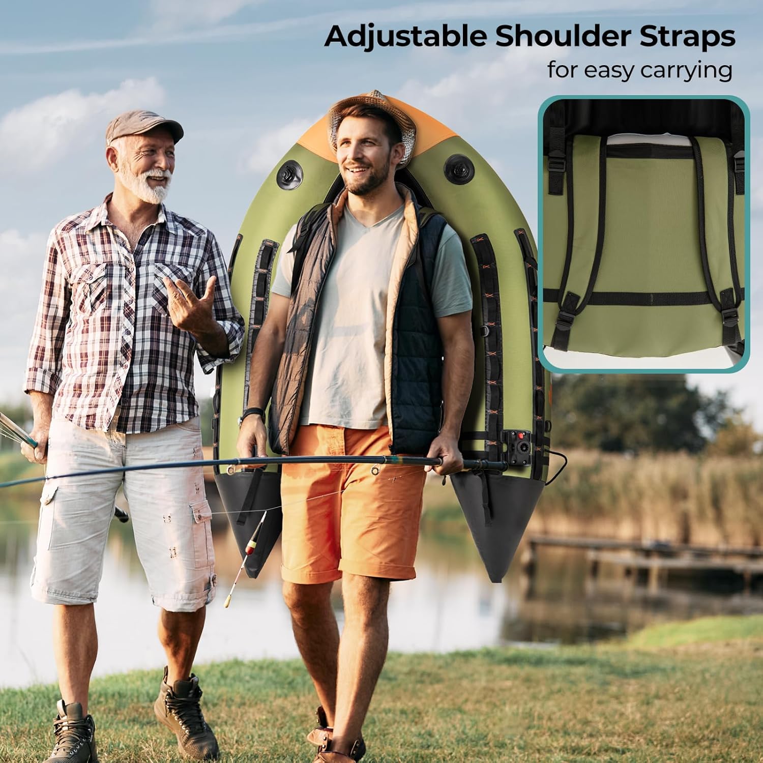 GYMAX Fishing Float Tube, Inflatable Belly Boat with Fish Finder Holder, Rod Rack, Fish Ruler, Manual Pump & Detachable Storage Boxes, Portable Backpack Float Tubes for Adults