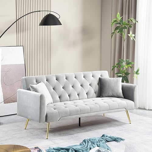 Miniatura 3 de Sofá cama moderno de terciopelo de 72 pulgadas, sofá cama plegable convertible con 3 respaldos ajustables, sofá biplaza reclinable copetudo con