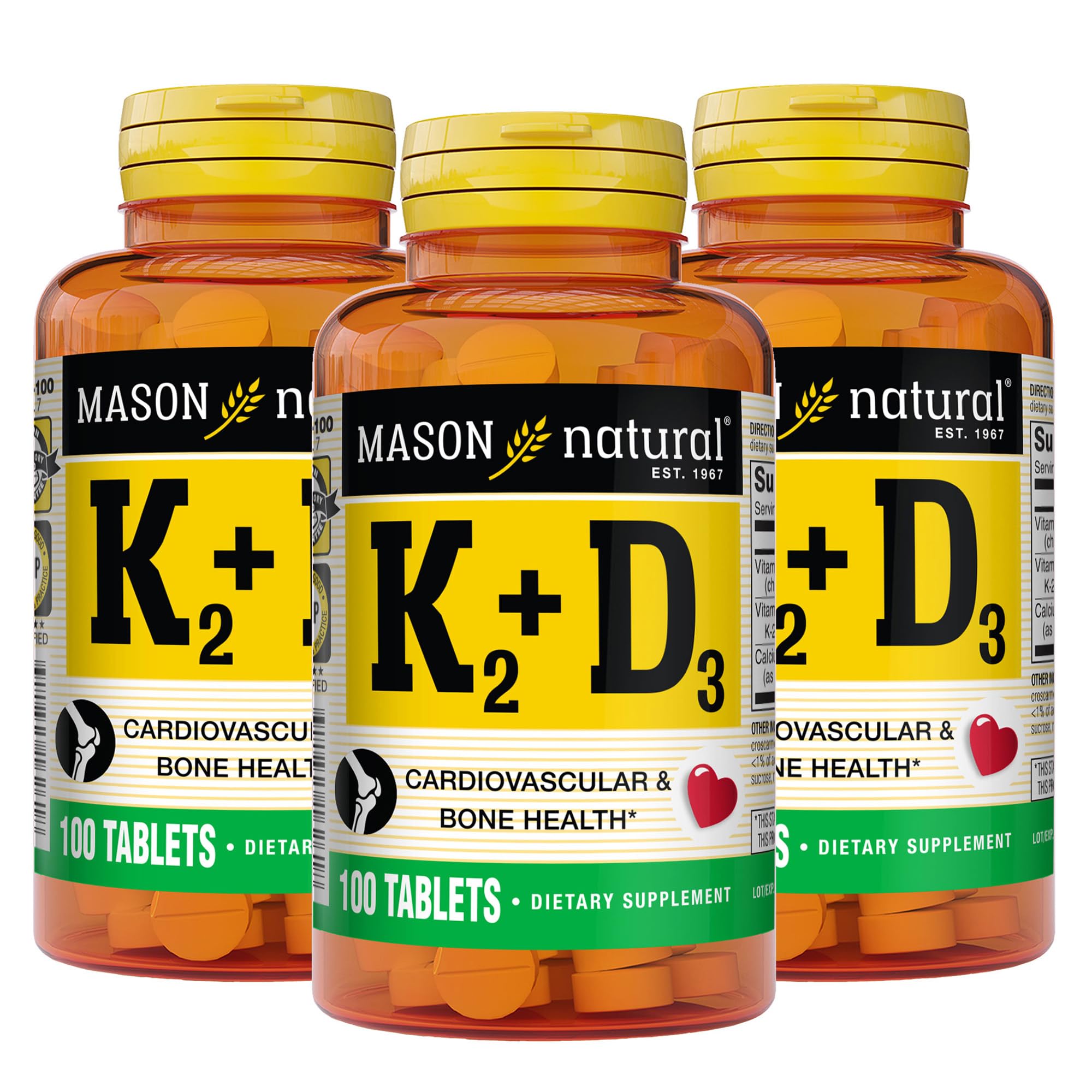 Mason Natural Vitamin K2 100 mcg Plus Vitamin D3 - Supports Bone, Cardiovascular & Muscle Health, 100 Tablets (Pack of 3)