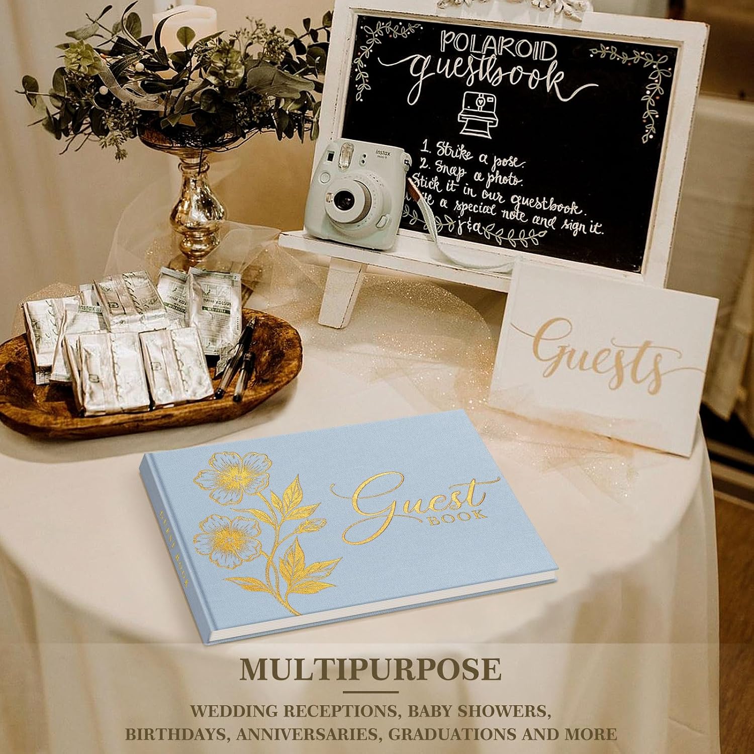 Lanpn Wedding Guest Book, 108 Blank Pages Guest Sign in Book, Linen Signature Photo Guestbook for Wedding Reception Bridal Baby Shower Anniversary Quinceanera Birthday Graduation, Blue