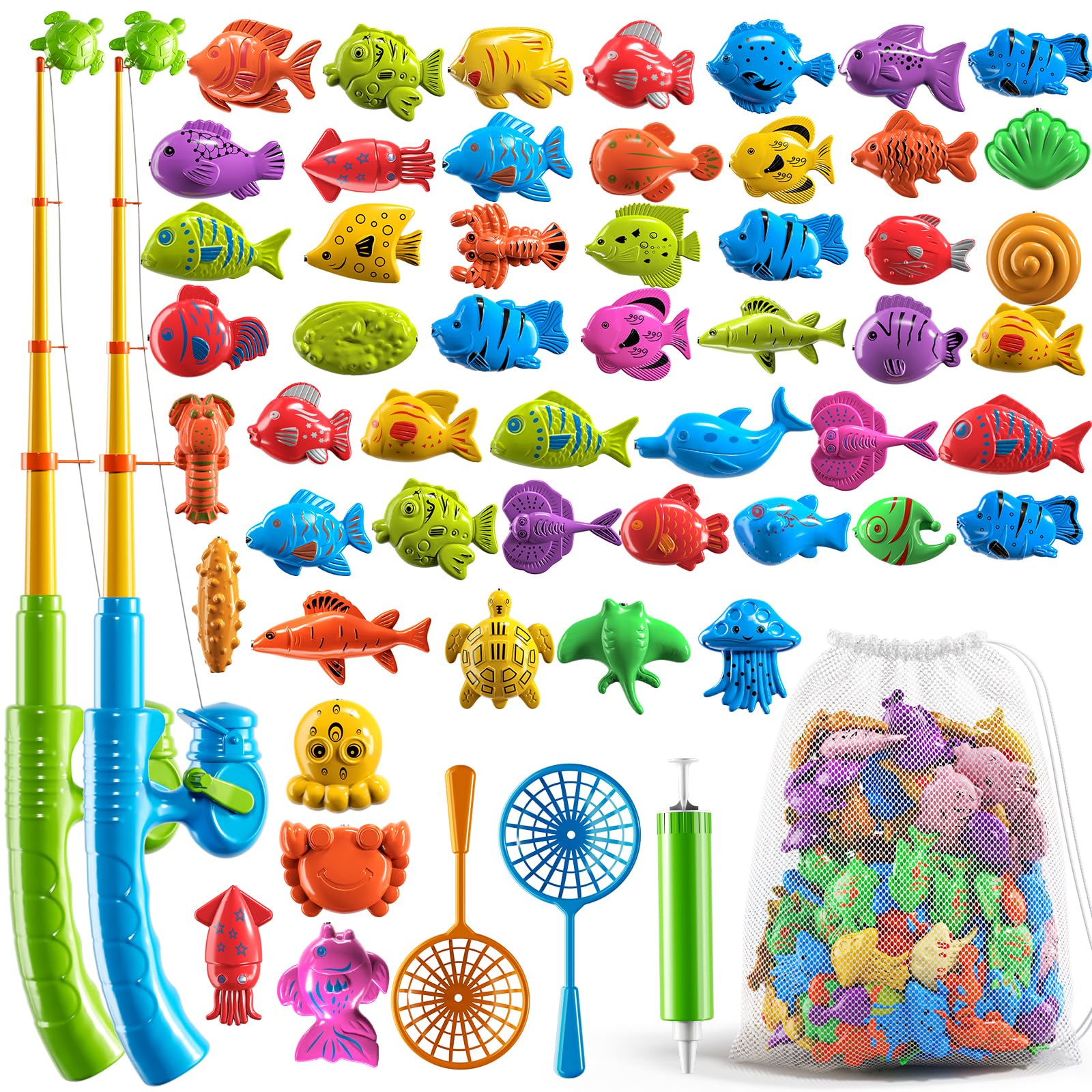 XINNOVEL Magnetic Fishing Toys Game Pool Toys Set for Kids 3-5, Bathtub Floating Toy Fishing Pole and Rod Net, Bath Pool Outdoor Gifts for Toddlers Baby Age 3 4 5 6 7 8 Year Old