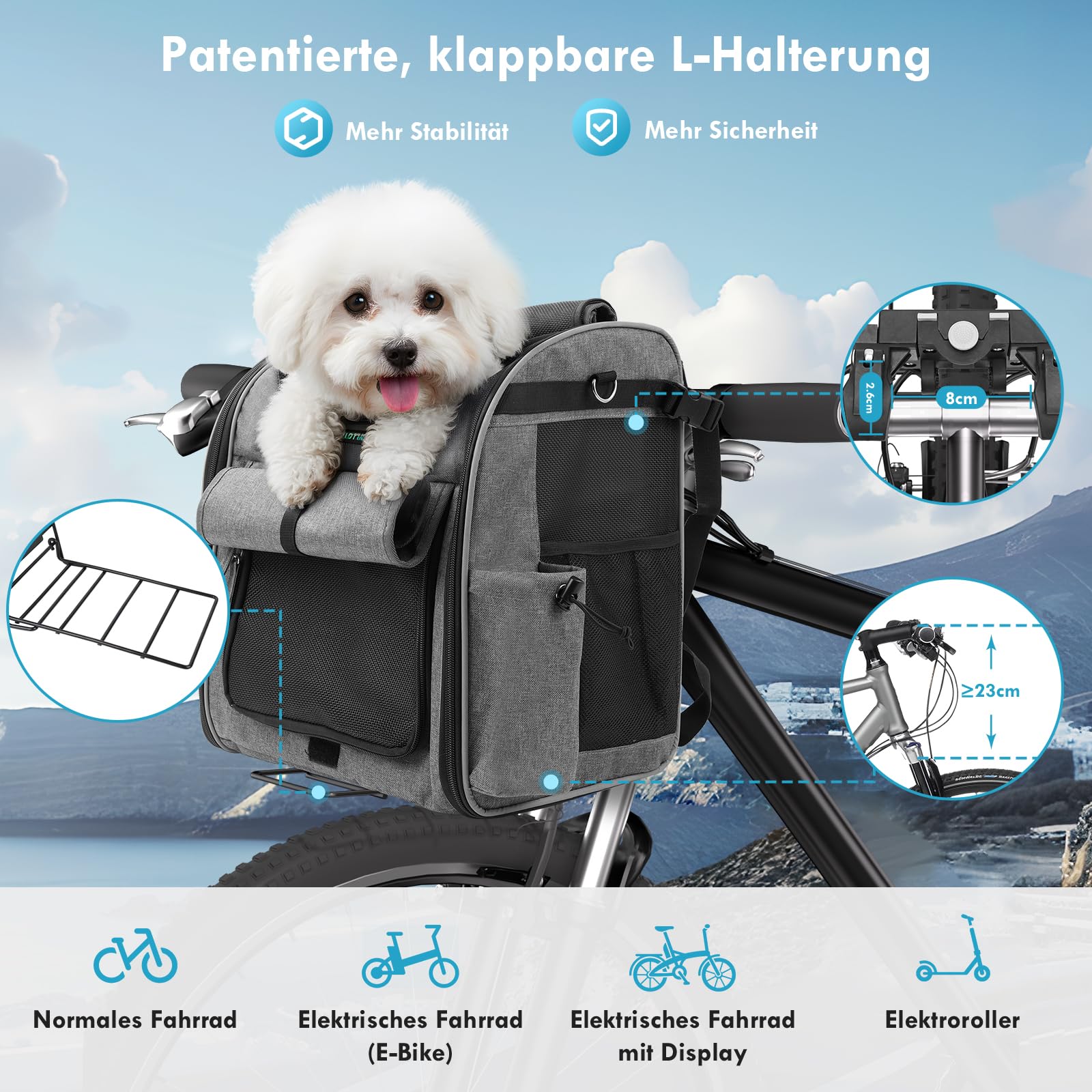 Hundekorb Fahrrad Vorne bis 10KG mit L-förmige Halterung Φ8cm, Faltbarer Hundefahrradkorb 4 in 1 Rucksack Schultertasche Autositz, Bequemes Kissen, Netzfenster-Design, Reflektorstreifen
