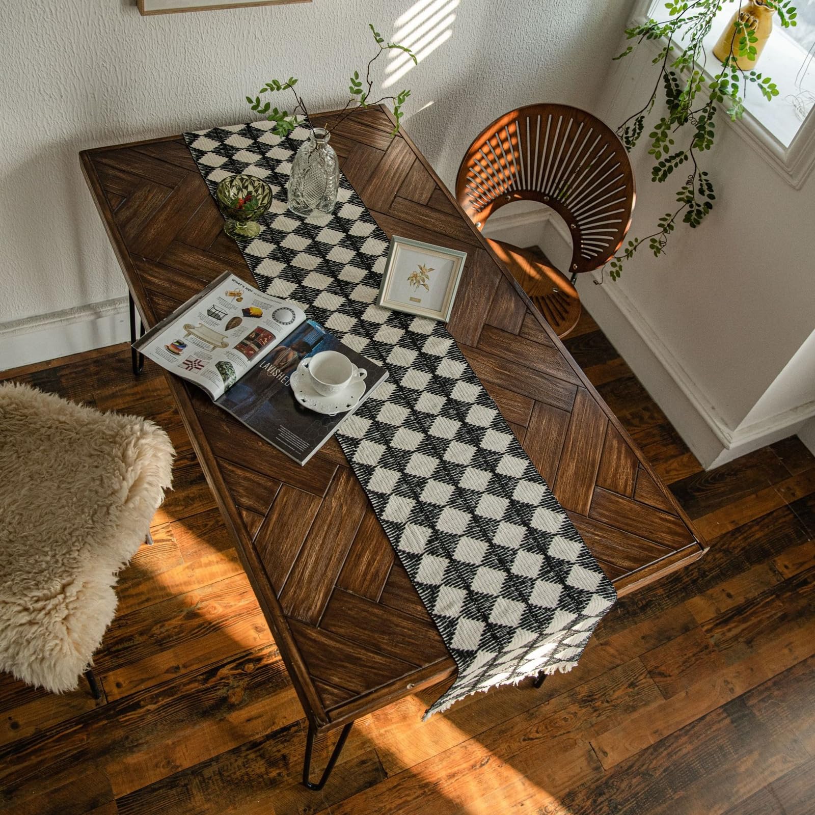 Runner da Tavolo Cotone Lino 35x240 cm, Runner da Tavola Moderno Lavabile Motivo Intrecciato A Strisce Rombi con Nappe Decorazioni per Tavolino da Compleanni Matrimoni, Nero Beige