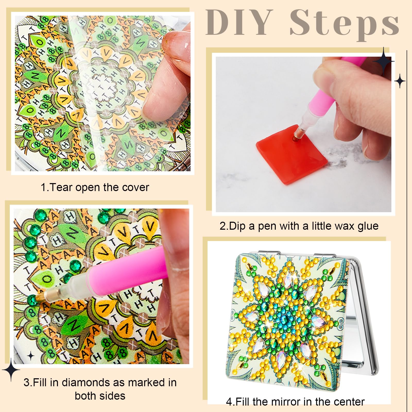 4 specchi tascabili compatti per pittura a diamante, con copertura per pittura a diamante, portatile, con ingrandimento, pieghevole, kit artistico per donne, ragazze e bambini (ovely)
