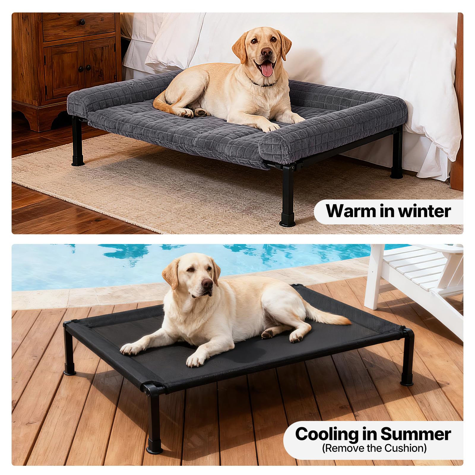 Veehoo Elevated Dog Bed Large Sized with Fluffy Plush Bolster Cushion, Washable Orthopedic Dog Couch Bed, Cooling Raised Pet Cot with Removable Mat, Breathable Mesh, No-Slip Feet, 53 x 37 inches, Grey - image 4