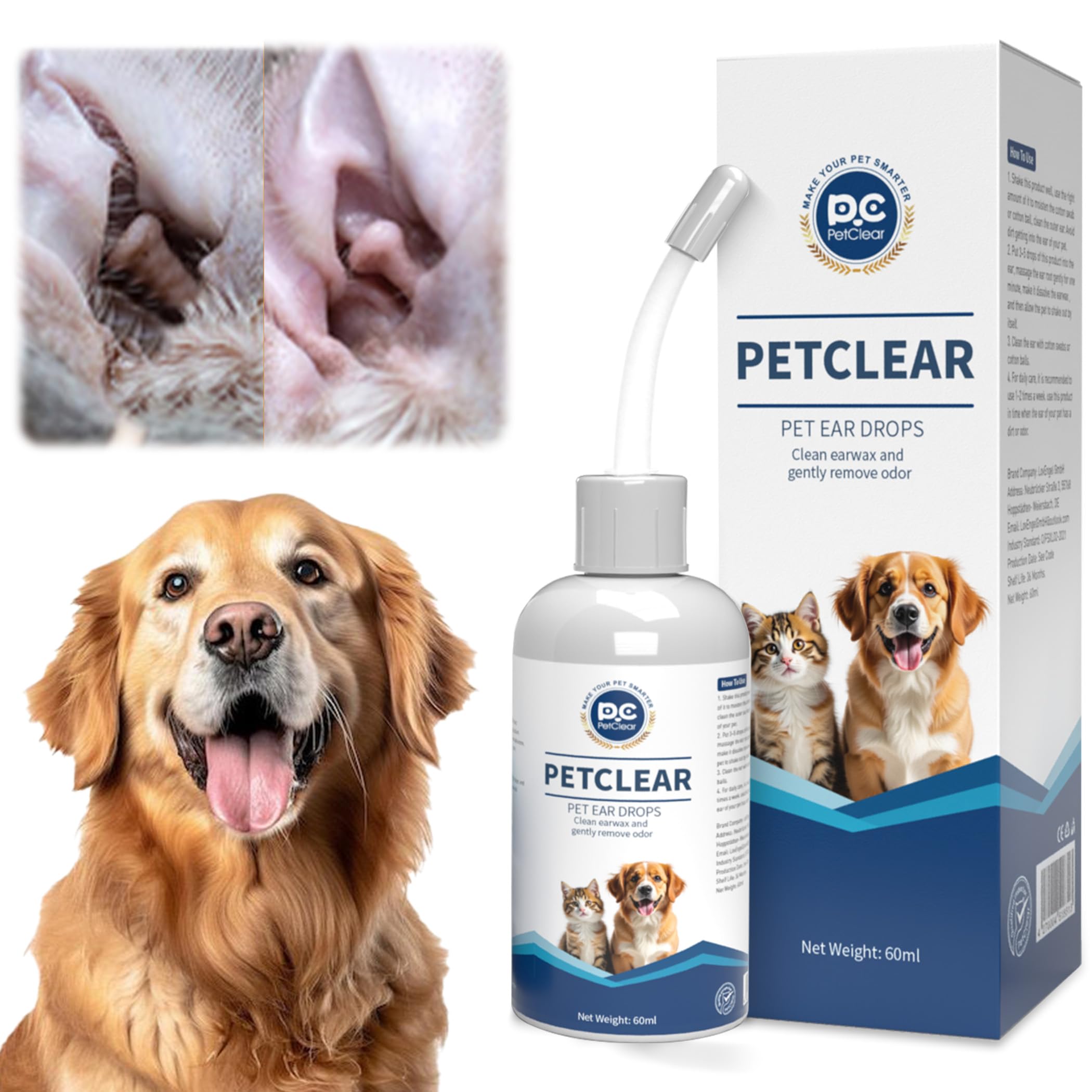 Petclear Ear Cleaner for Dogs and Cats, with Bendable Applicator, Non-Irritating, Dog Ear Cleaner Solution to Eliminates Ear Odour, Dirt and Debris, 60ml