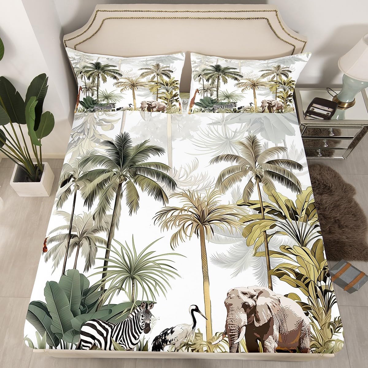 Erosebridal Zebra Bed Sheet Misty Foggy Trees Fitted Sheet for Youth Adult Woman,Hawaii Beach Sheet Set Crane Bed Cover Nature Plant Leaves Bedroom Decor Queen Size