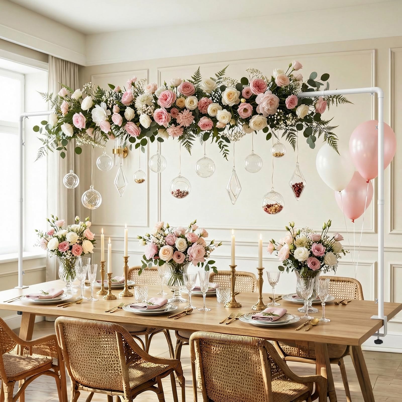 Lewondr Soporte Ajustable sobre la Mesa con Abrazaderas, Altura 87-127-167 CM, Longitud 88-287 CM, Soporte Arco de Globos de Mesa para Bodas y Cumpleaños, Blanca Decoración Colgante para Mesa