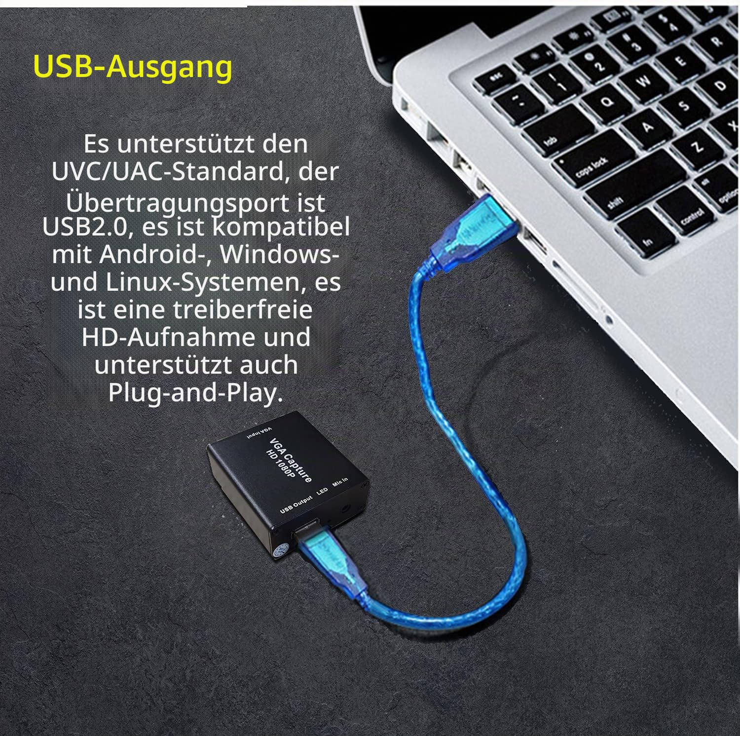 VGA-Video-Konverter, VGA auf USB 2.0, Audio- und Videoaufnahmegerät, Plug-and-Play, USB-Drive-frei, HD 1080P Video-Capture Tool für Windows, Linux und Android