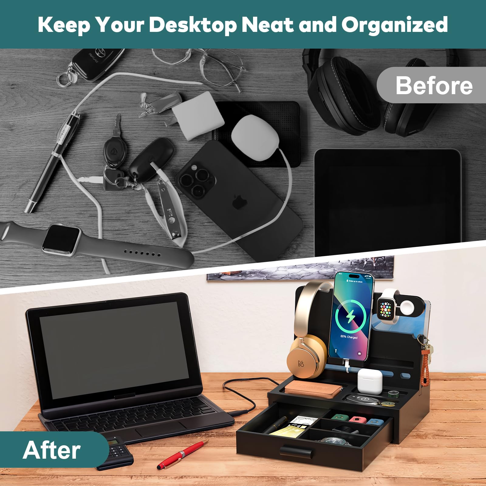 Sephyroth Docking station per telefono in bambù, organizer per comodino, supporto per cellulare, regalo per uomini, regalo di Natale per fidanzato, regalo per marito, con cassetto portaoggetti (nero)
