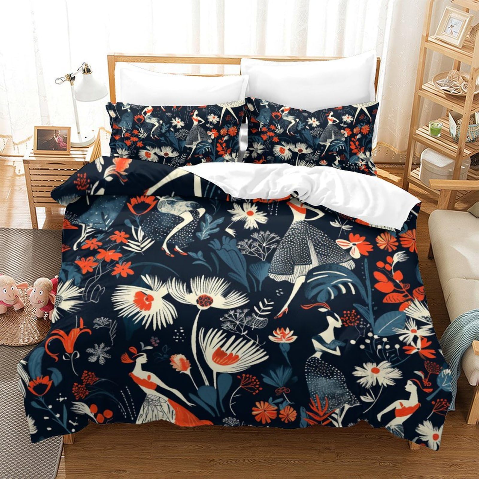 Housse de couette fleurs imprimé 3D parure de lit microfibre 220x240cm avec taies d'oreiller