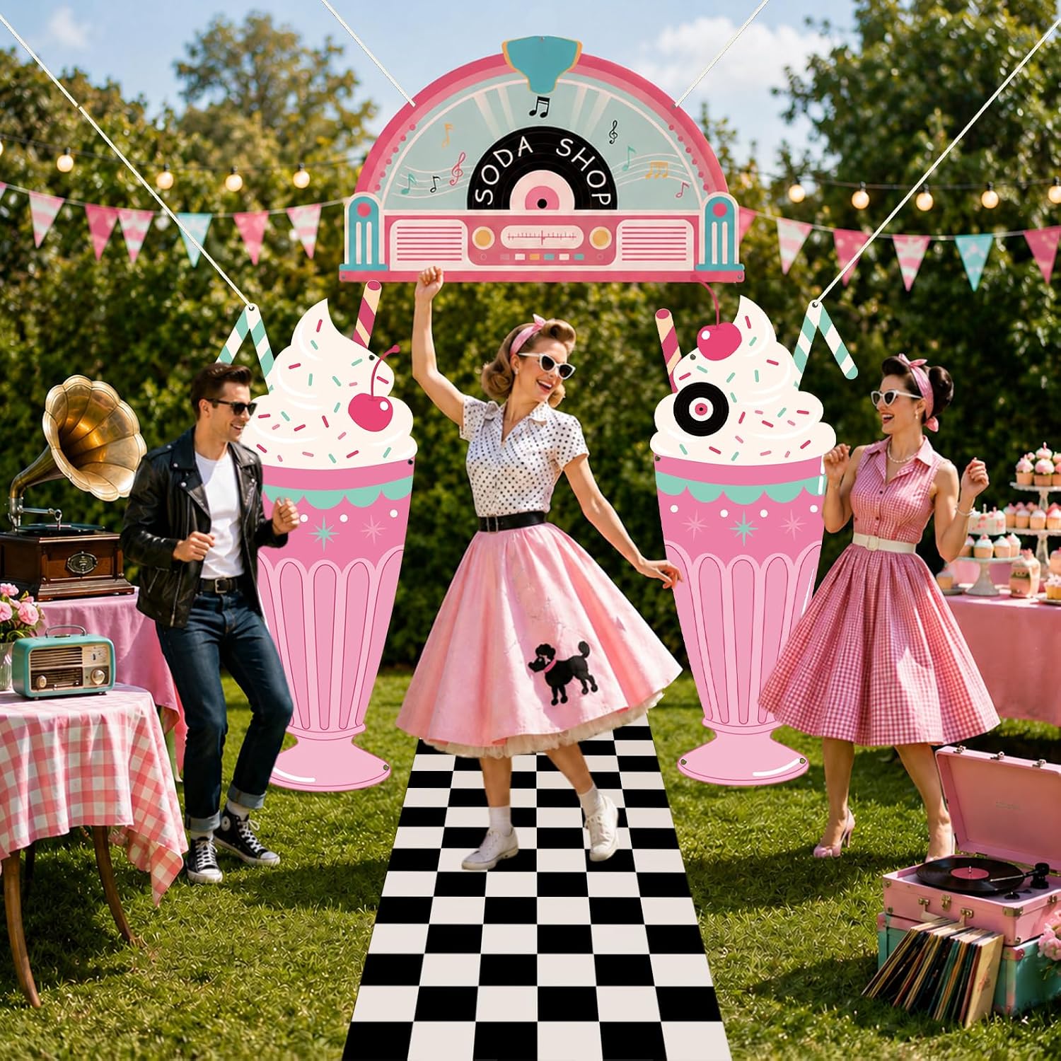 4 Pcs 50s Retro Diner Party Decor Porch Banner Signs Checkered Runner Rug