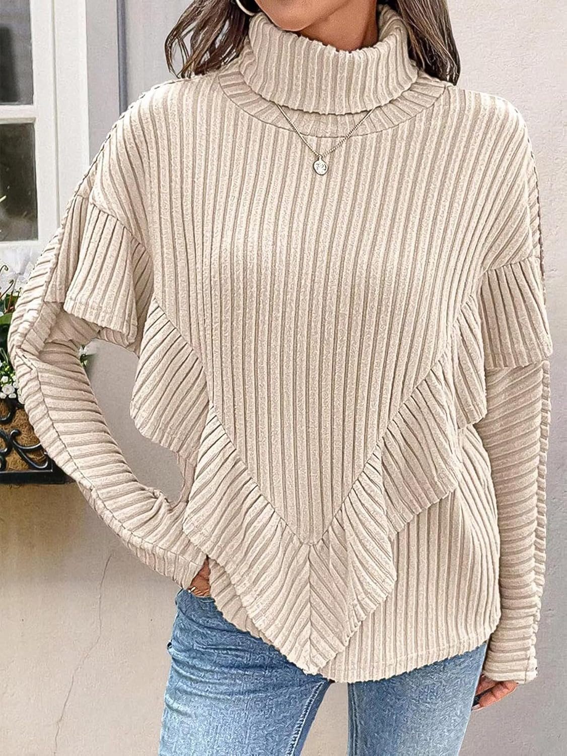 Flamingals Fall Casual Long Sleeve Tops for Women Turtleneck Solid Ribbed Ruffle Trim Shirts - Image 2