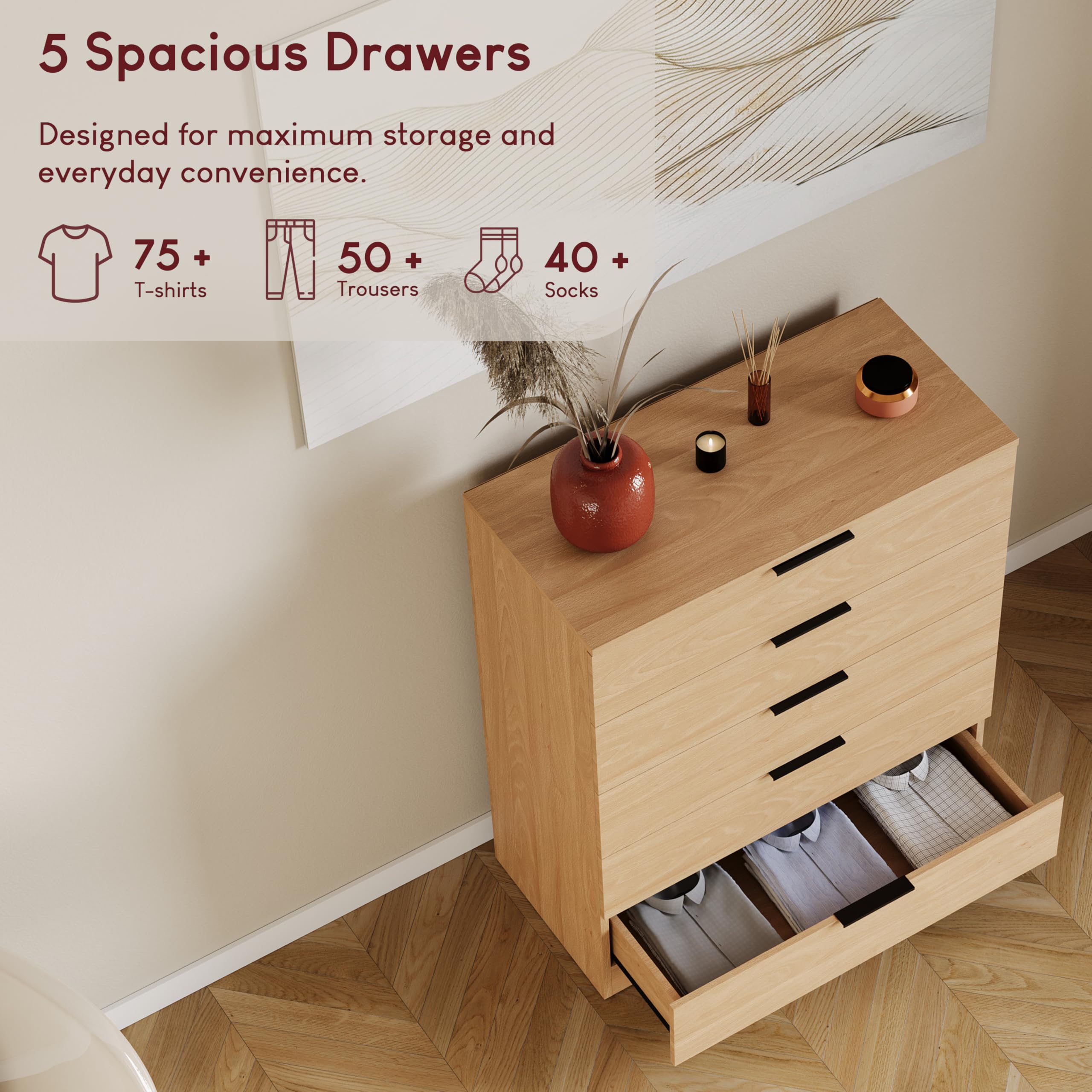 Vida Designs Trega - Cómoda de 5 cajones de Pino – Unidad de Almacenamiento compacta Que Ahorra Espacio – 90 x 66 x 36 cm – Soporte antiarco, Asas Negras Modernas, Corredores deslizantes – Ideal para