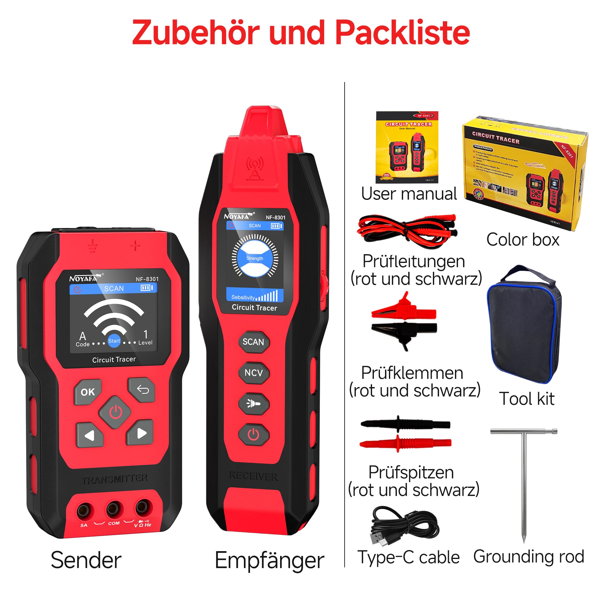 NOYAFA NF-8301 Kabelsuchgerät & Leitungssucher mit Digitalmultimeter, Unterirdischer Kabeldetektor, 8 Stufige Empfindlichkeit, Circuit Tracer für Wand, Sicherungs & Bewässerungskabel