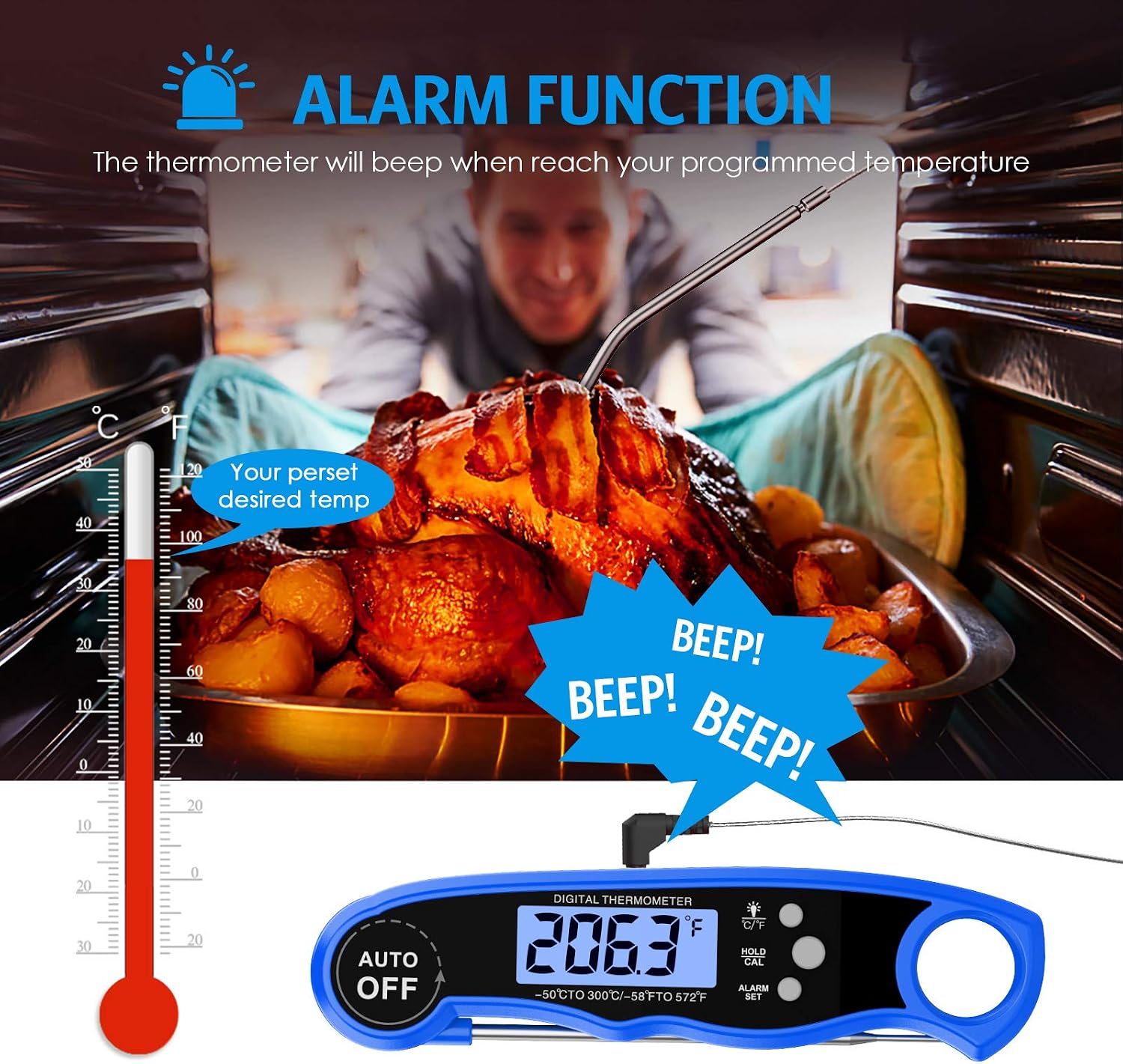 (New Version) Meat Oven Safe Thermometer, Dual Probe Cooking Thermometer, Instant Read Food Thermometer with LCD Backlight and Alarm Function for Candy, BBQ, Oven, Smoker Grill (Battery Included)