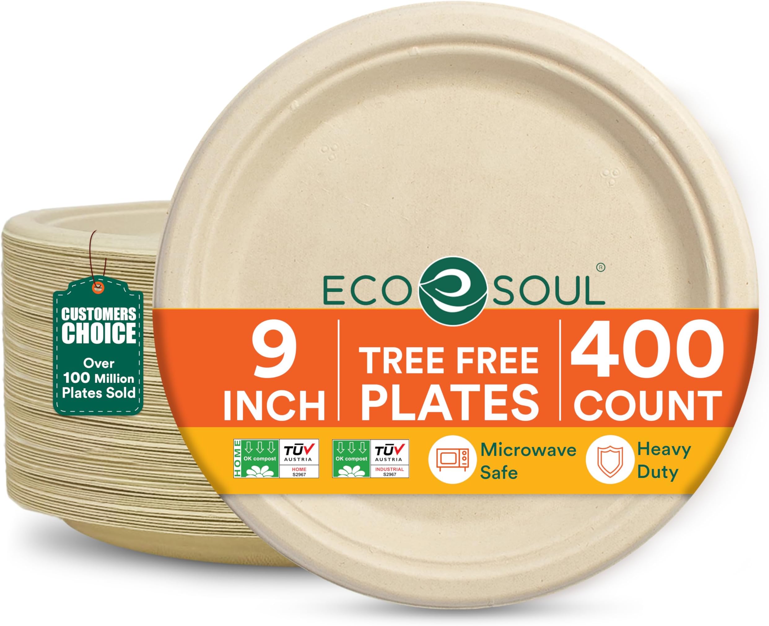 ECO SOUL Compostable Paper Plates 9 Inch, 400 Pack – Heavy Duty Disposable Dinner Paper Plates, Natural Bagasse, Leak-Resistant, Microwave Safe, Eco-Friendly Round Plates for Parties & Catering