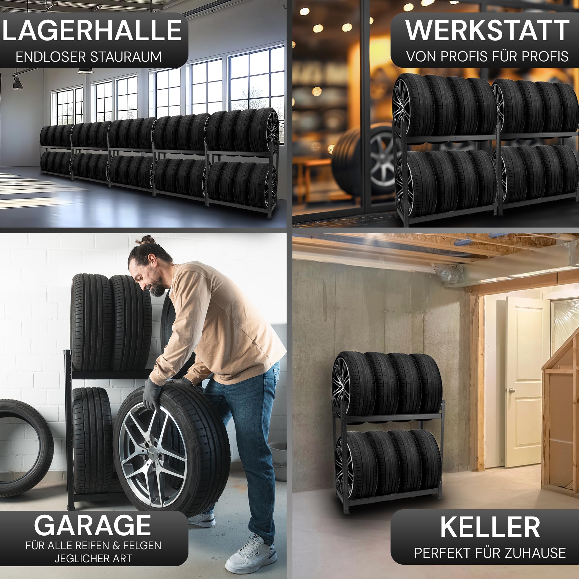 ALL Premium Reifenregal 8 Reifen 100x110x40cm schwarz, 175kg Traglast, platzsparend, Reifenständer und Reifenhalter, Felgenbaum Garagen Zubehör für Garage & Lager