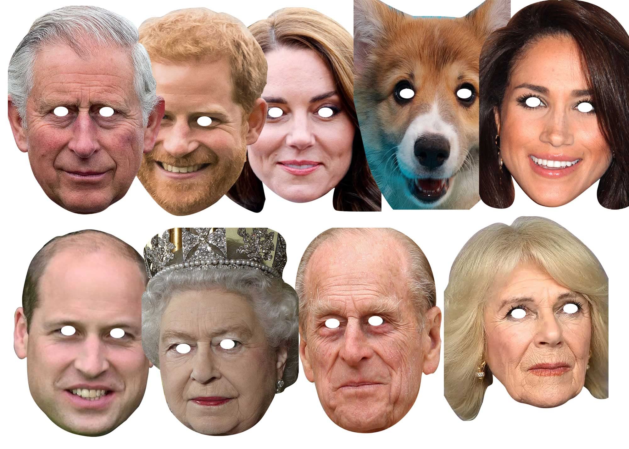 FoxyPrinting King Charles CORONATION 8 x Royal Family Celebrity Cardboard Party Face Mask PACK Fancy Dress for King Charles Street party