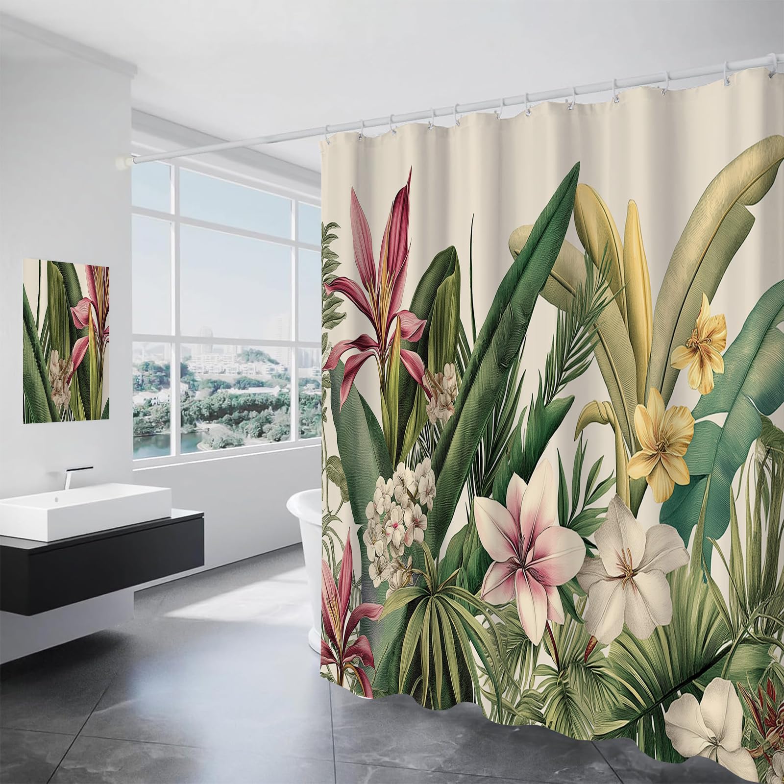 Rideau de douche anti-moisissure 180x180 cm en tissu lavable imprimé plantes tropicales