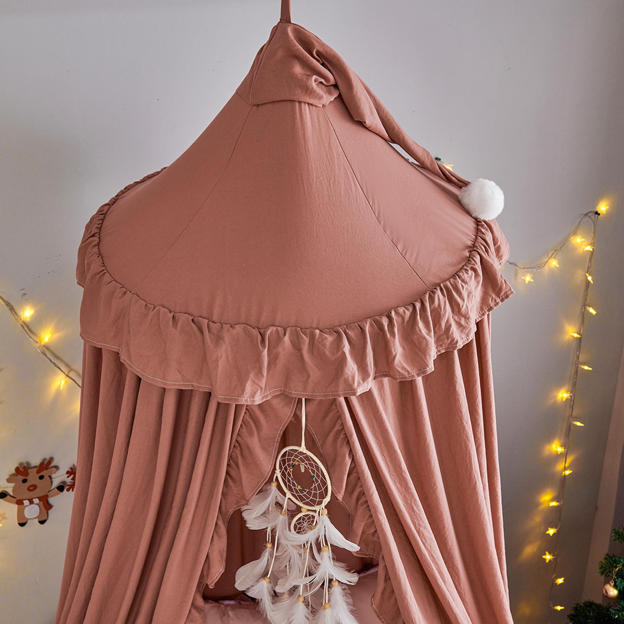Betthimmel für Mädchen Prinzessin Runder Kuppel Träumendes Moskitonetz Bettwäsche Mädchenzimmer Schloss Spielzelt Hängendes Haus Dekor Leseecke Baldachine(Bohnenpaste rot)