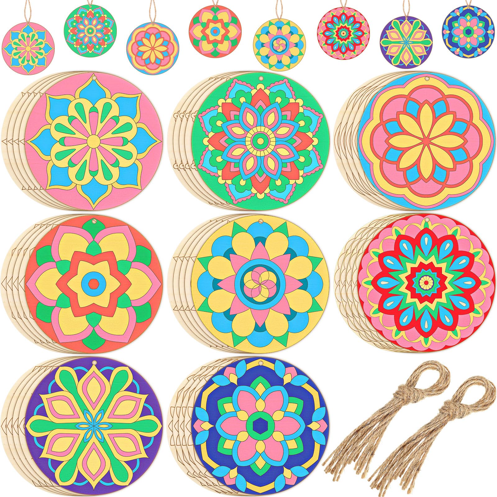 Blosssound 40 Pieces Unfinished Wood Mandala to Paint Wooden Mandala Ornament for Crafts Mandala Painting Wood Slices for Adult to Relax Painting, DIY Crafts Ornament Wedding Home Decorations, 4 Inch