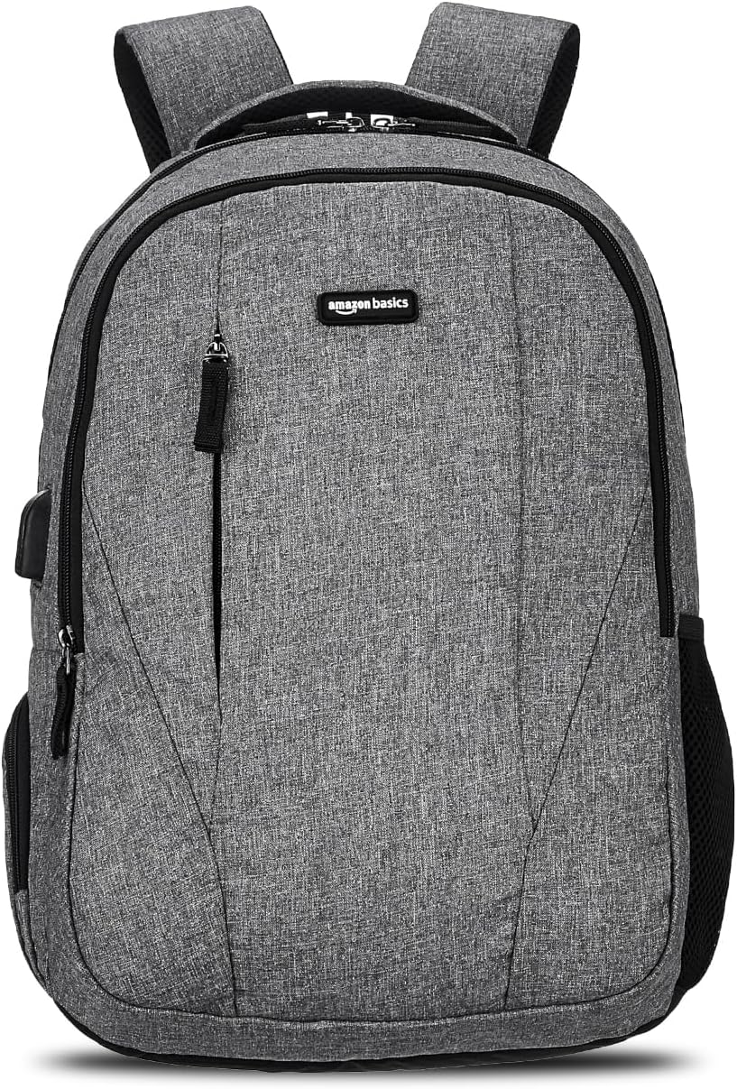 Amazon Basics 25L Anti-Theft Backpack | Fits 15.6 Inch Laptop | Bag with USB Charging Port | Multiple Compartments | Organiser Pocket for Men & Women (Grey)