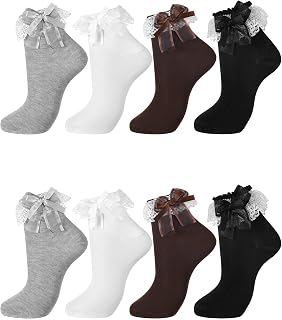 Geyoga 4 Pairs Women's Ruffle Ankle Socks Cotton Frilly Socks Cute with Bow