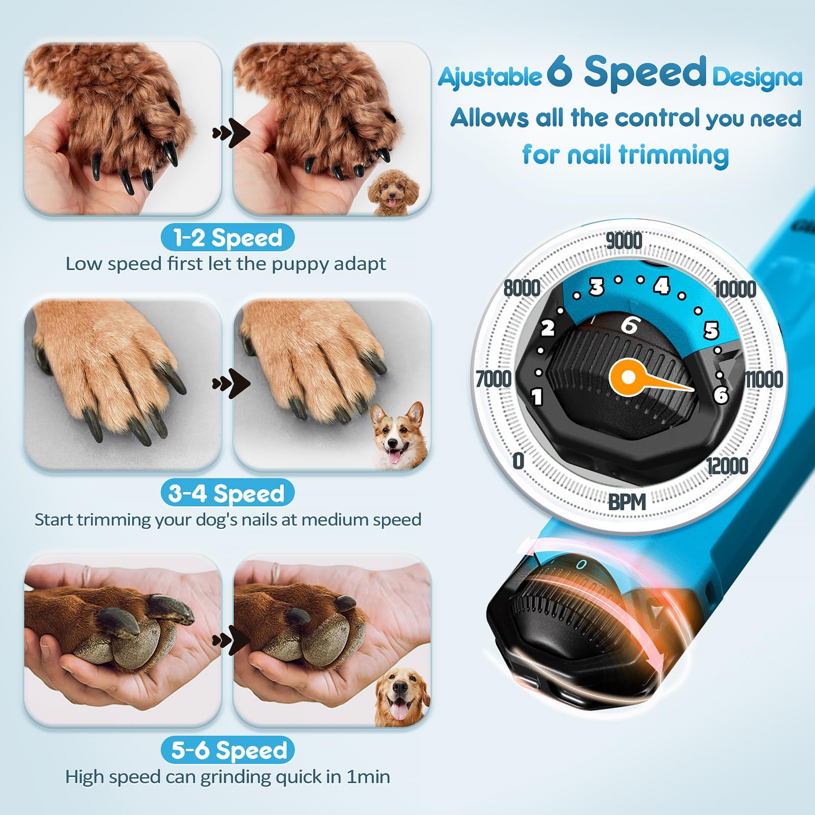 Gimars Lima Unghie Cani 6 velocità Tagliaunghie per Cani Elettrico Tagliaunghie Unghie Cani con Luce LED Ricaricabile Lima per Unghie Cane per Animali con USB 3 Porte,Blu