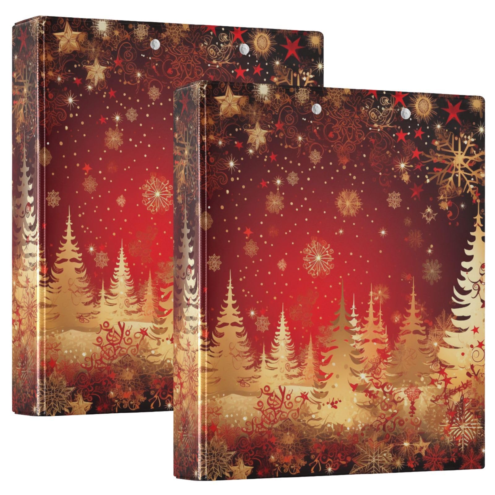 Raccoglitore a 3 anelli con albero di Natale, fiocco di neve dorato rosso, 3,8 cm, raccoglitori a tre anelli con portablocco, adatto per carta da 21,9 x 27,9 cm, 3 tasche interne in PVC trasparente