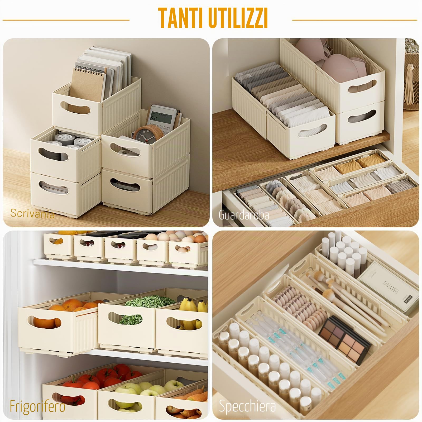 Scatole Organizer Cassetti Plastica Scatole Portaoggetti Decorative Con Manici Cubi Portaoggetti Pieghevoli Organizer per Frigorifero Bagno Cosmetici Armadio 3 Pezzi (47,5 x 28 x 25 cm)