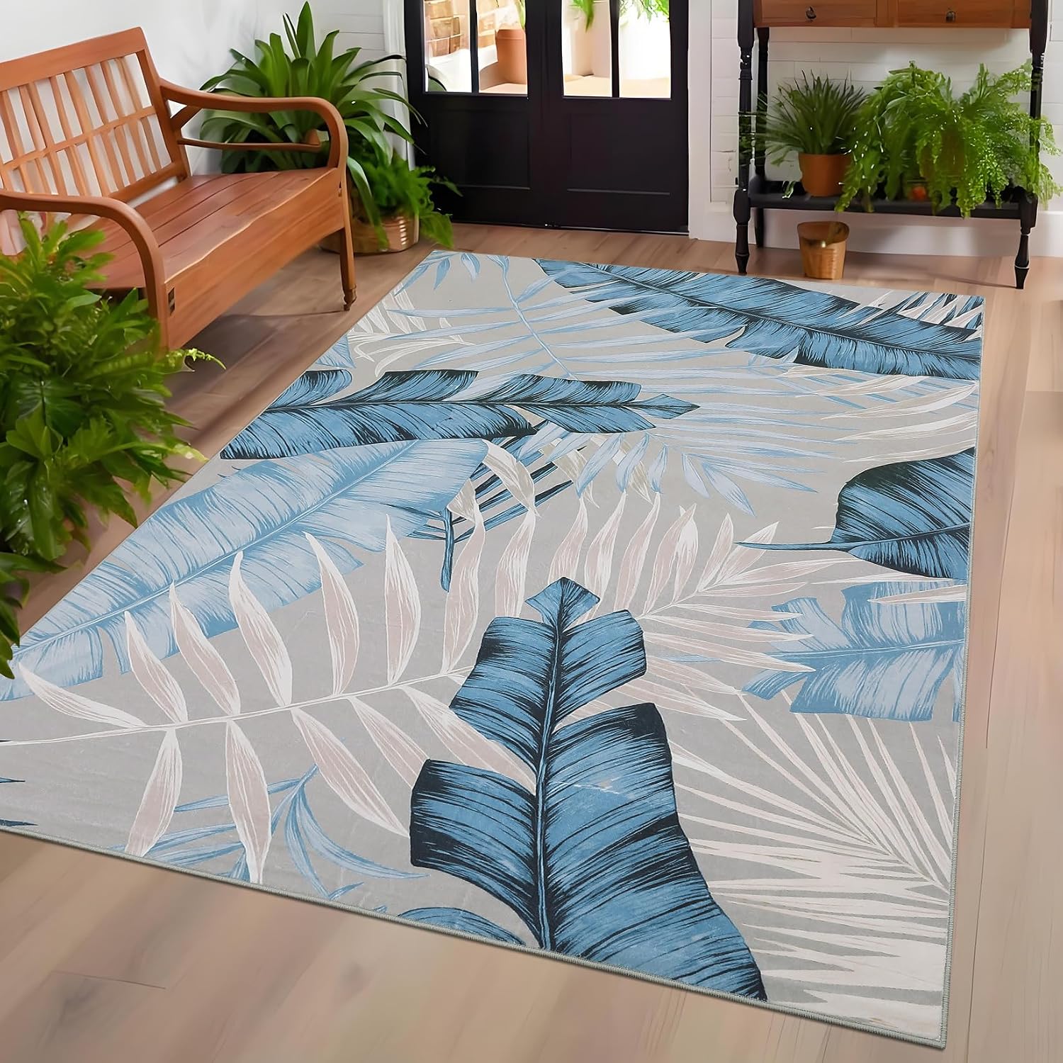 Area Rug 9x12 Blue Leave Rug Non Slip Washable Rug Tropical Plant Throw Rug Low Pile Soft Non Shedding Rug for Dining Room Living Room Bedroom, Blue