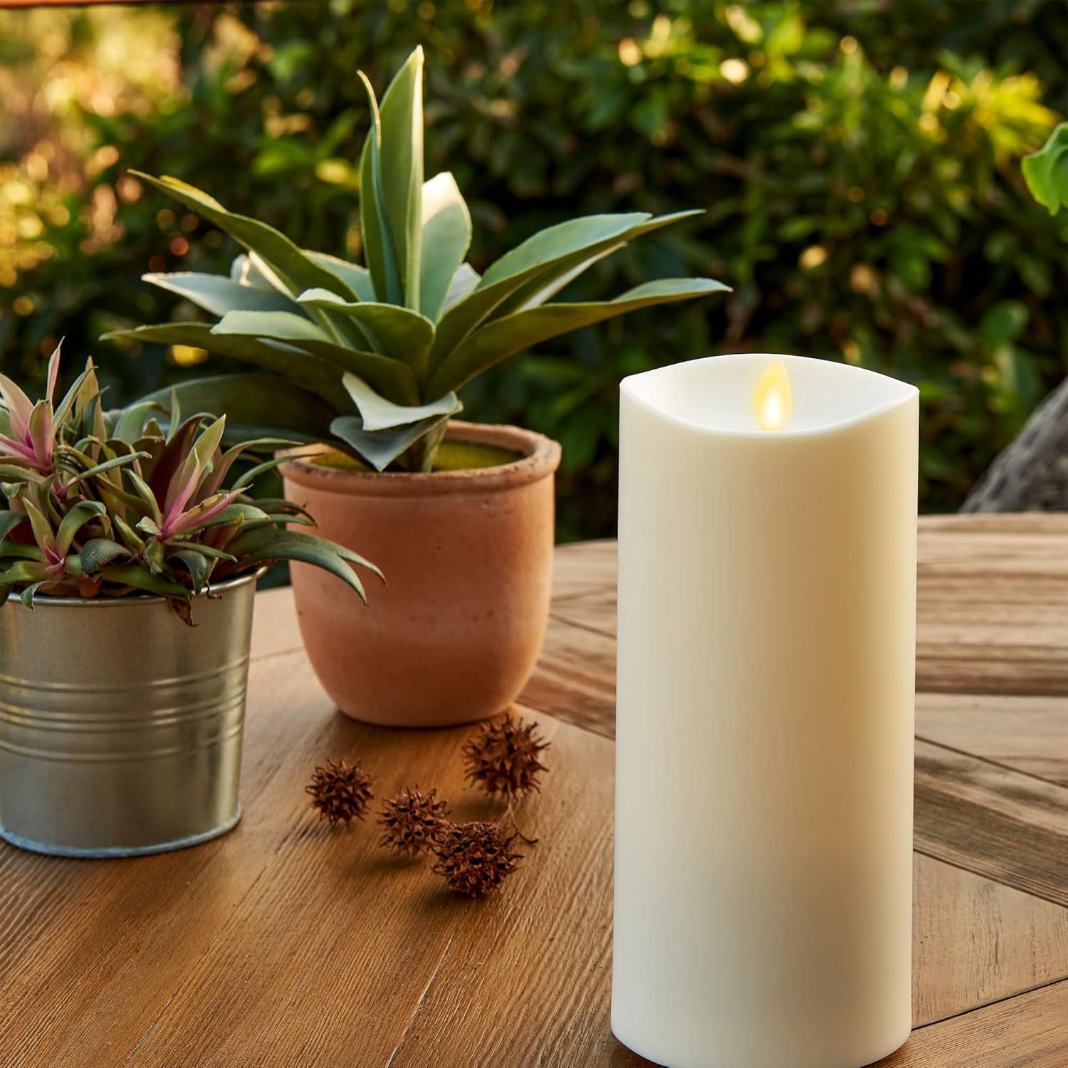 Luminara Outdoor Flameless LED Ivory Candle Melted Edge 3.75" x 9" Real Moving Flame Battery Operated Timer Plastic Weather-Resistant