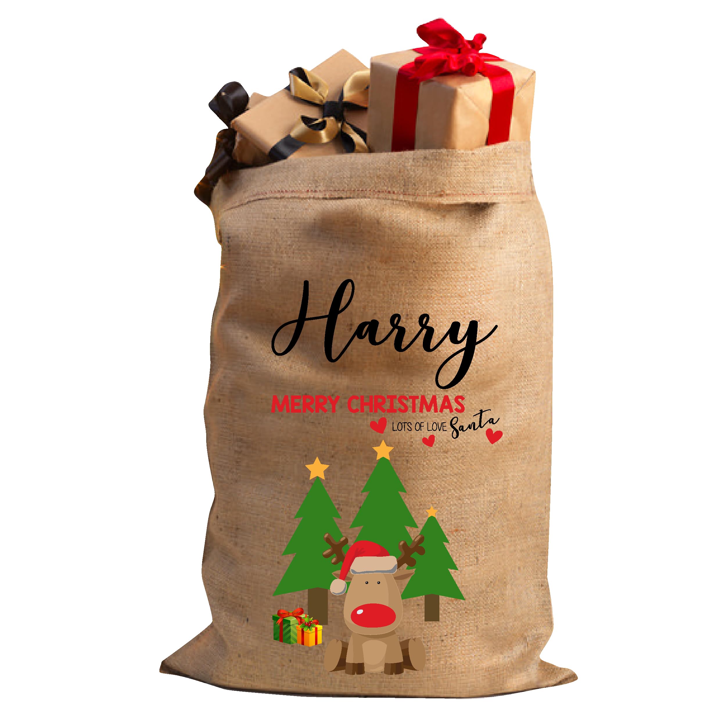 StickersWall Personalised Christmas Santa Sack Stocking Xmas Sack Extra Large Hessian Traditional Stocking Christmas Bag Reusable Holiday Present Bag (Reindeer Red)