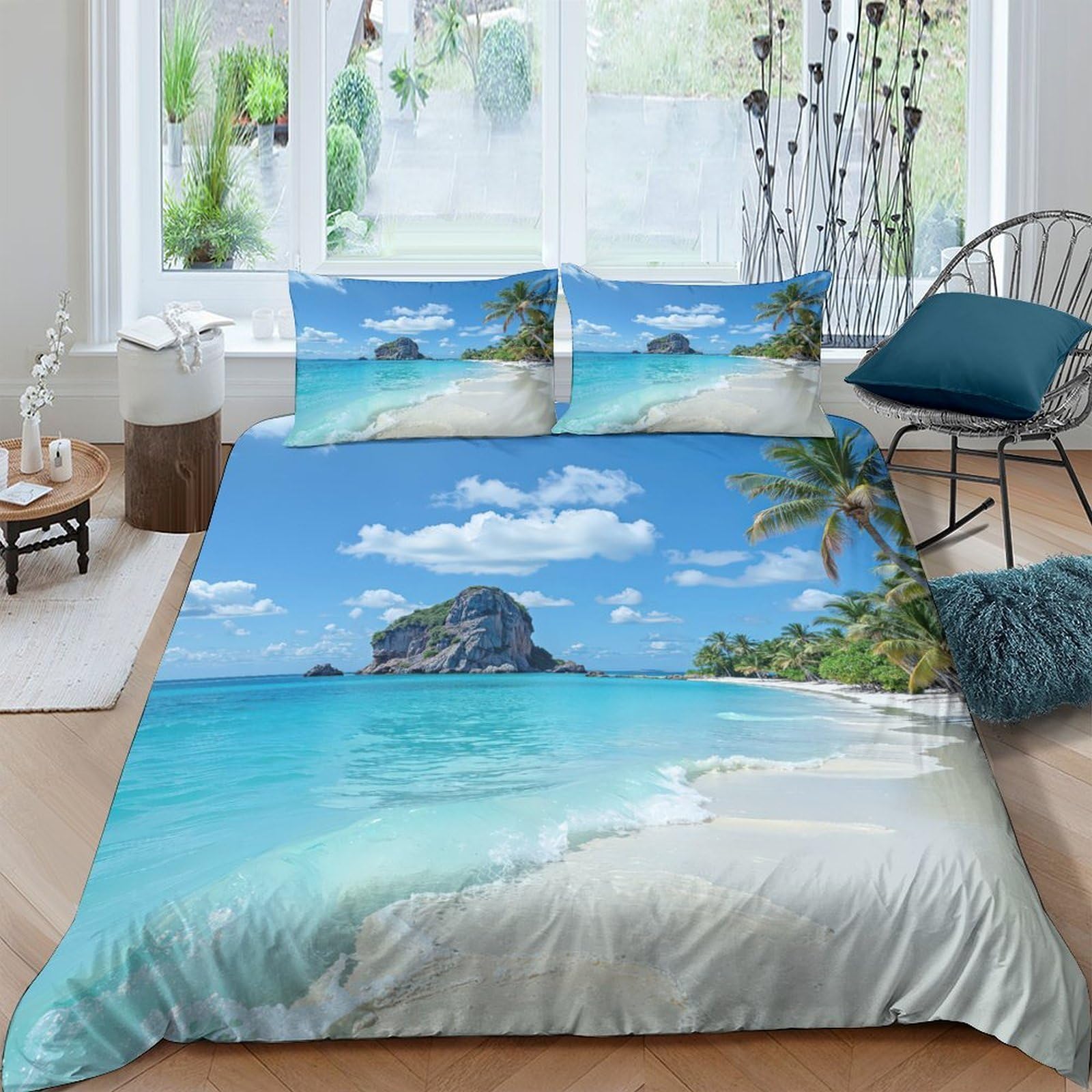Ctjqhvkz Style-2 3D Printed Beach Ocean View Fitted Sheet Microfiber Soft Breathable Palm Island Mattress Cover For Bedroom Guest Room Mattress Protection Decor Single（135X200cm）